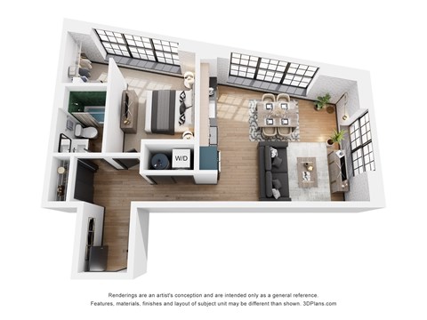 A 3D floor plan of a house with a kitchen, living room, and bathroom.